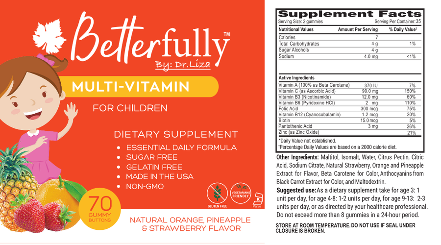 Multivitamin Gummy for Children, [Sugar Free Orange, Pineapple & Strawberry Flavored]  (70 Count)