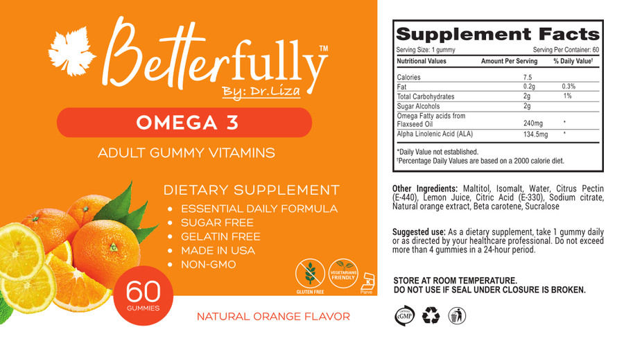 Omega 3 - with ALA & Flaxseed Oil [Sugar Free Orange Flavored Gummy Supplements] (60 count)