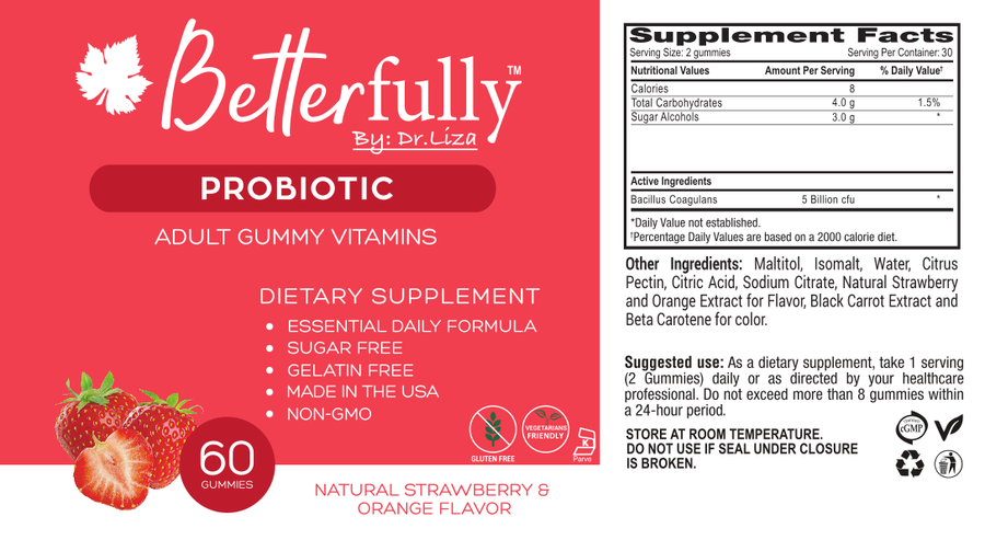 Probiotic- w/ 5 Billion CFU Bacillus Coagulans[Sugar Free Strawberry&Orange Flavor Gummy](60 Count)